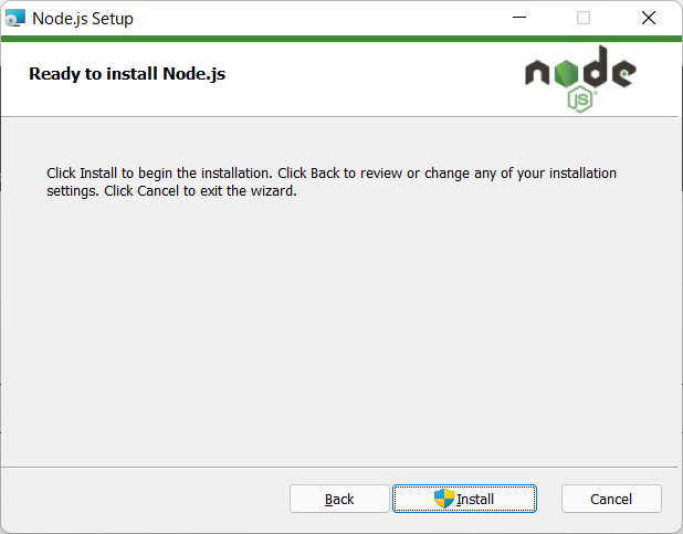 Nodejs インストールの準備が整いました「Install」をクリックしてインストールを完了させる